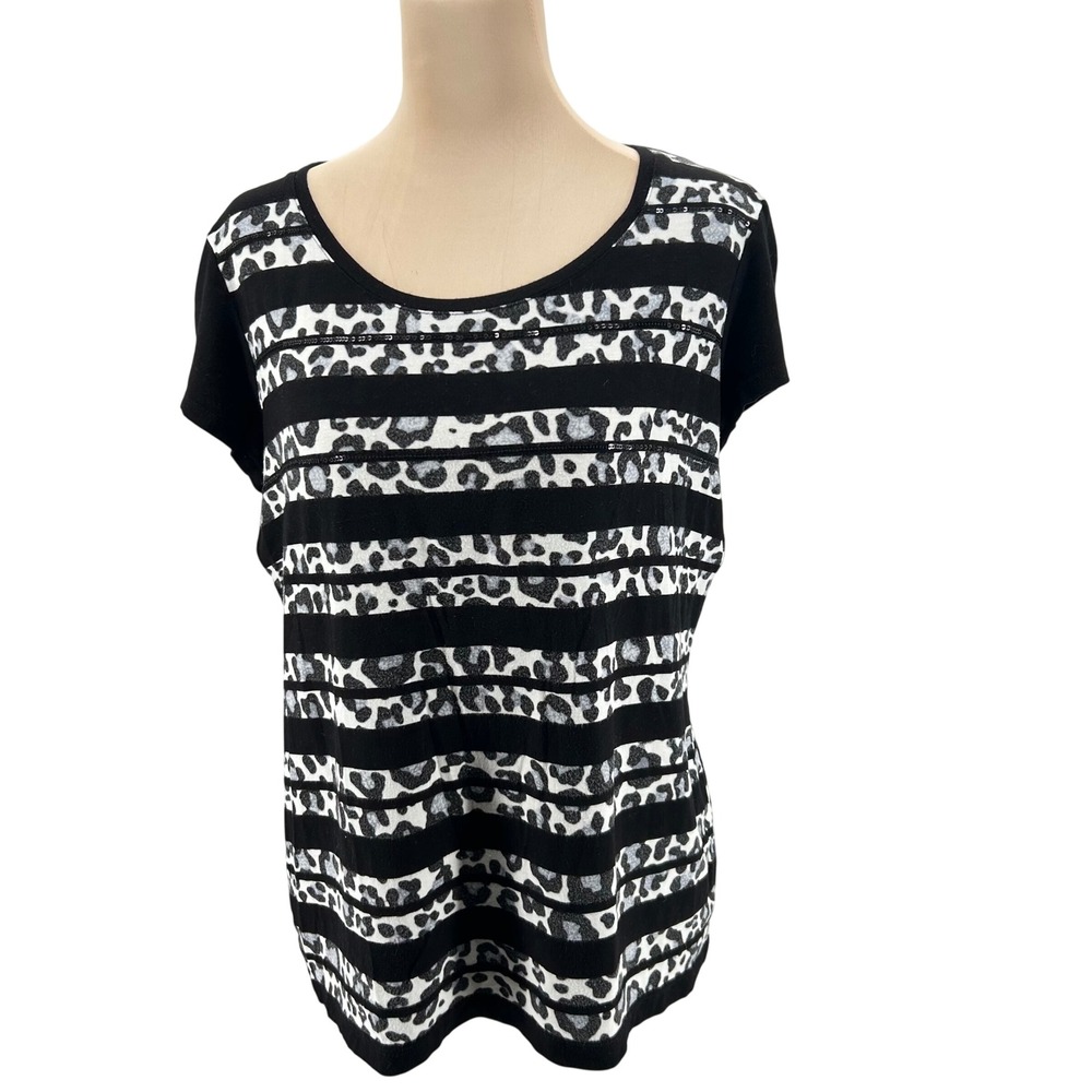Zenergy by Chico's Womens Leopard Striped Sequin Top Black White Grey Size 1 M
